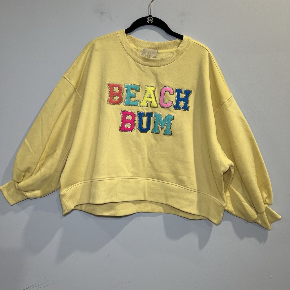 Judith March Crop Yellow Beach Bum Sequin Patch Crew‎ neck Sweatshirt Size Small